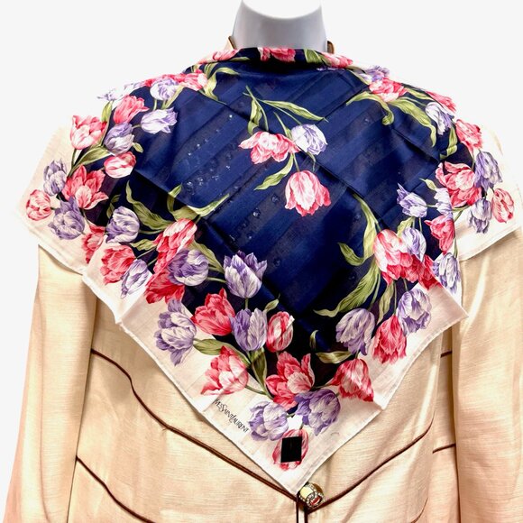 2) New  Beautiful YSL MiniScarf/Handker cotton 19 "  Purple  Pink Floral (59 - Picture 9 of 14